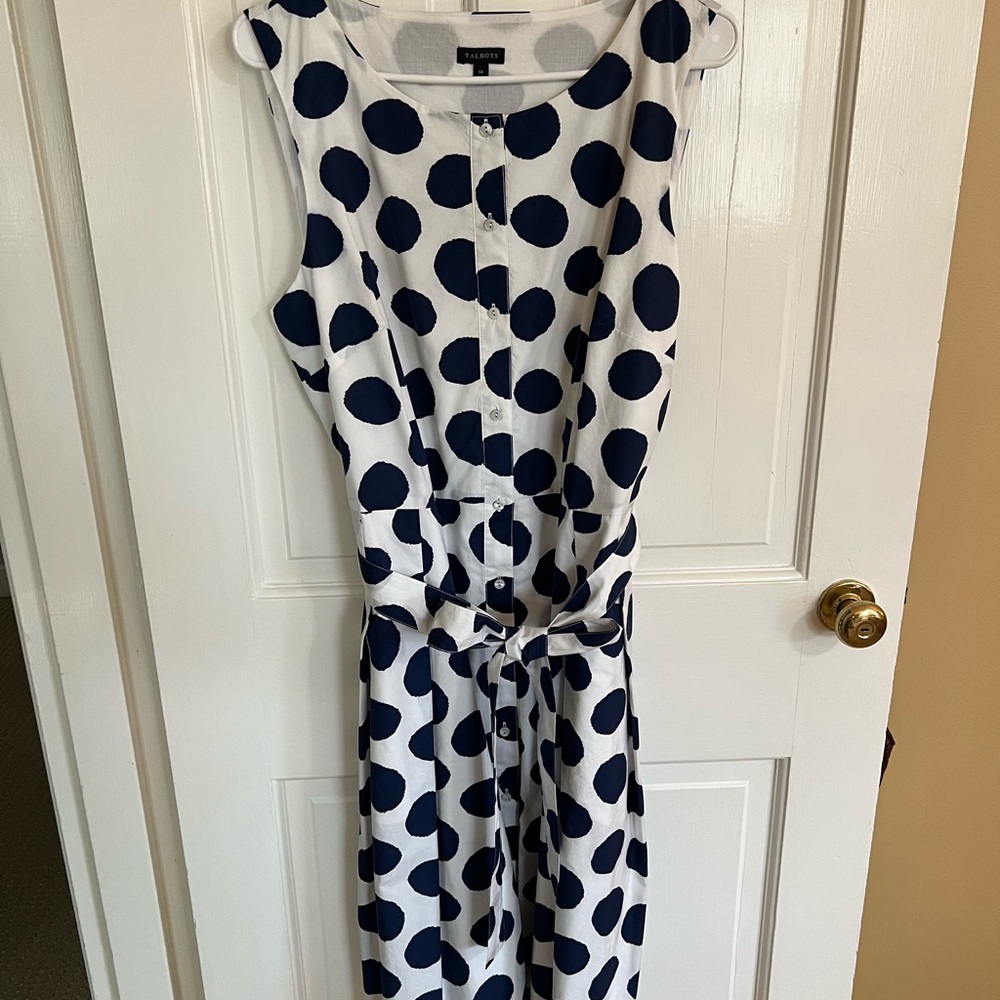 Talbots White Midi Dress with Navy Polka Dots